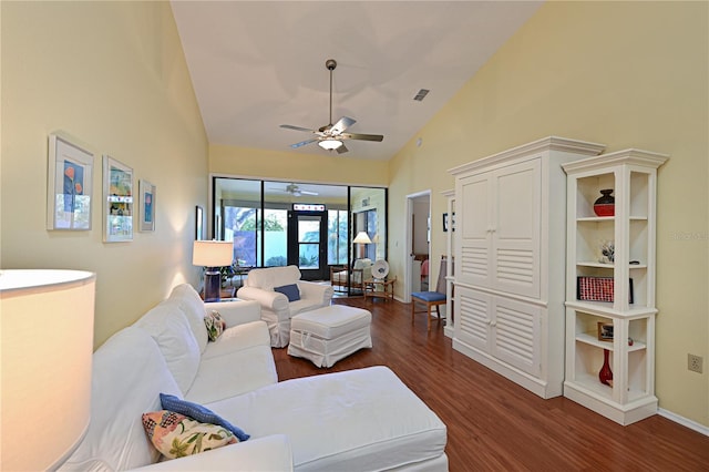 living room featuring ceiling fan, french doors, high vaulted ceiling, and dark hardwood / wood-style floors