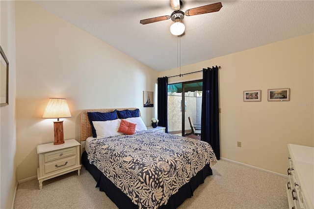 bedroom with light carpet, access to outside, vaulted ceiling, ceiling fan, and a textured ceiling