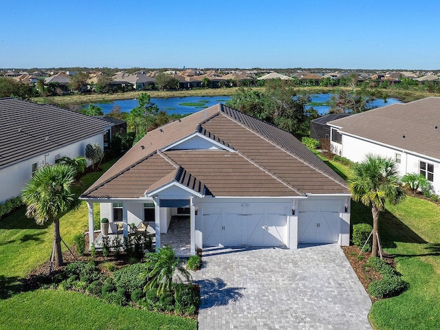 aerial view with a water view