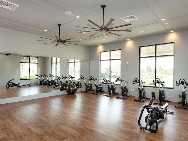 gym featuring ceiling fan and wood-type flooring