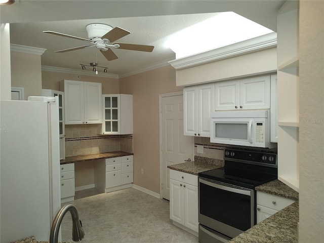 kitchen with ceiling fan, white cabinetry, black electric range oven, and ornamental molding