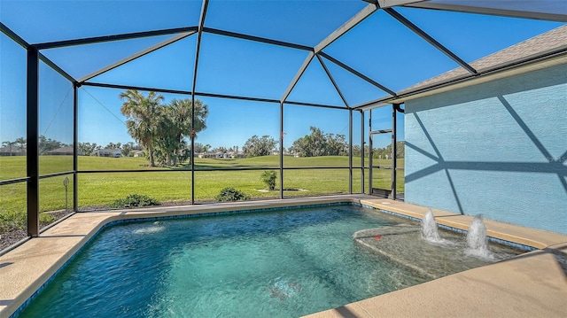 view of swimming pool featuring glass enclosure and a lawn