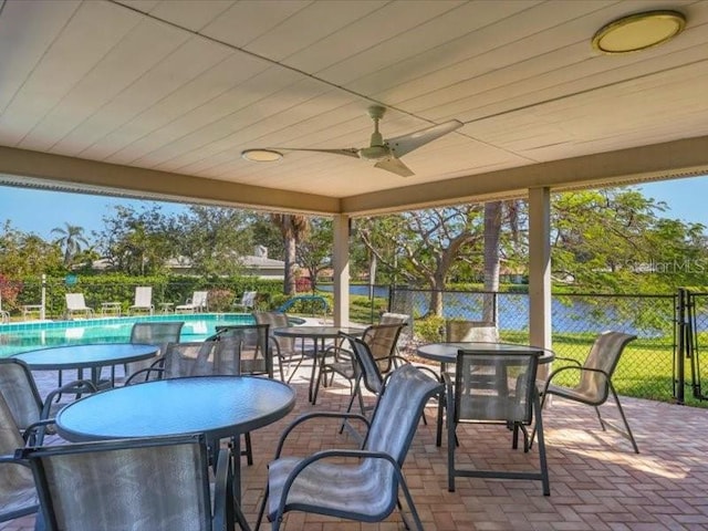 view of patio / terrace featuring a fenced in pool and ceiling fan