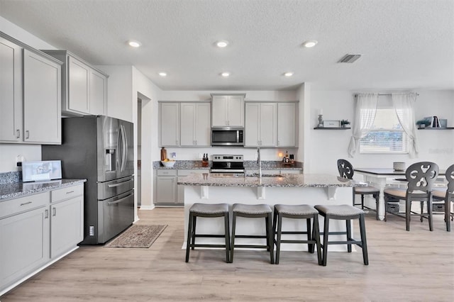 kitchen with gray cabinets, a breakfast bar, stainless steel appliances, and a center island with sink