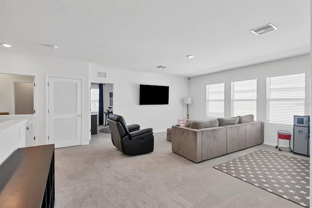 carpeted living room with a wealth of natural light and a textured ceiling