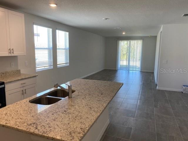 kitchen featuring white cabinetry, sink, and a kitchen island with sink