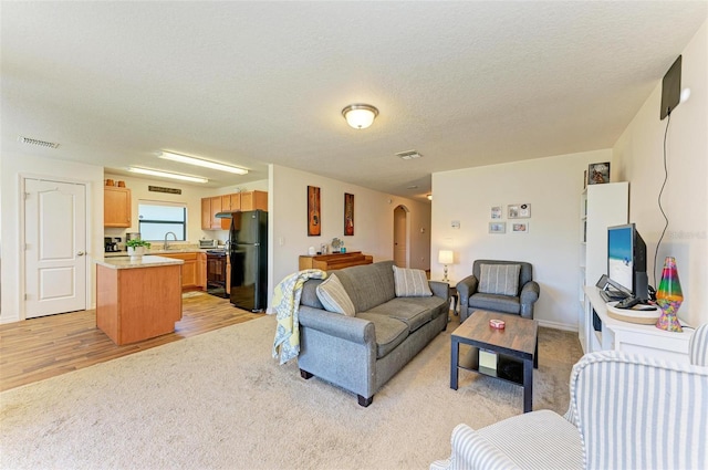 living room with sink, a textured ceiling, and light hardwood / wood-style flooring