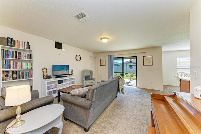 carpeted living room with a textured ceiling and a wealth of natural light