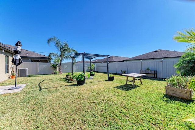 view of yard featuring a pergola and central air condition unit