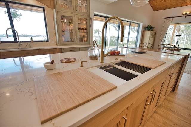 kitchen featuring light hardwood / wood-style floors, light stone counters, and sink