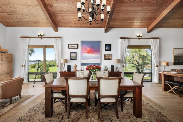 dining room featuring plenty of natural light, wooden ceiling, and light wood-type flooring