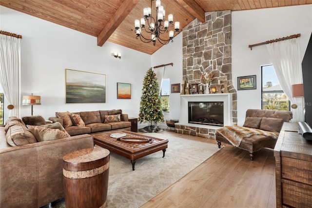 living room with beam ceiling, hardwood / wood-style flooring, and wood ceiling