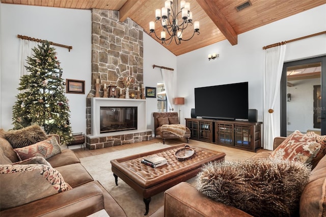 living room featuring a notable chandelier, light wood-type flooring, a fireplace, and wood ceiling