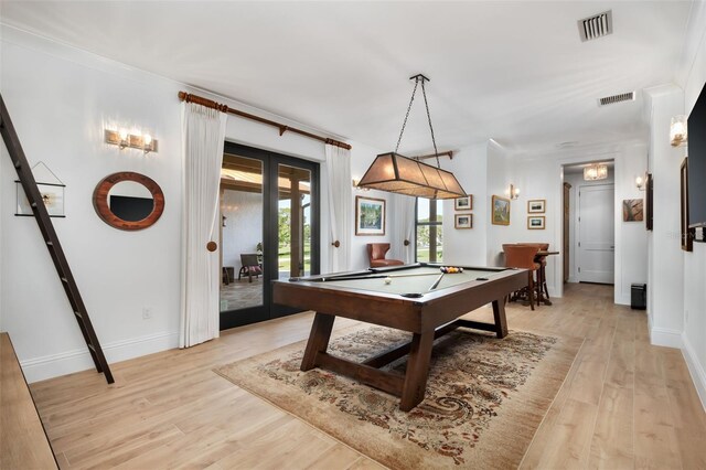 playroom with french doors, light wood-type flooring, and pool table