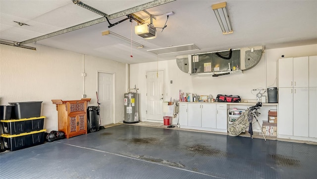 garage with electric water heater and a garage door opener