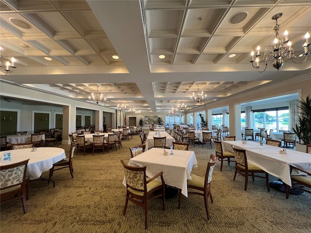 dining space with carpet, an inviting chandelier, crown molding, and coffered ceiling