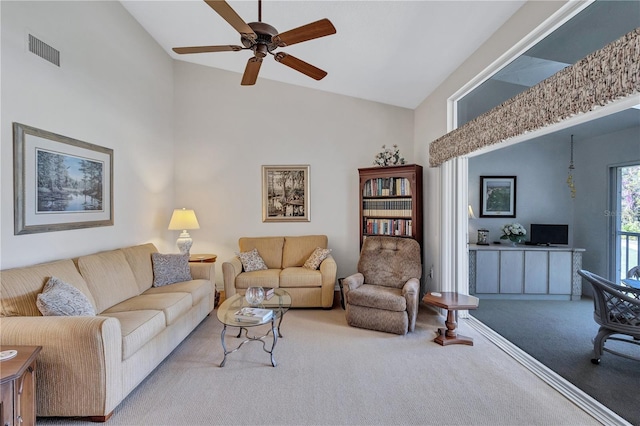 living room with carpet, high vaulted ceiling, and ceiling fan