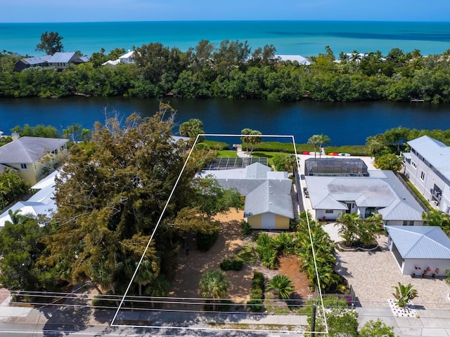 aerial view featuring a water view