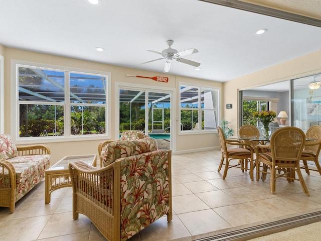 interior space with ceiling fan and plenty of natural light