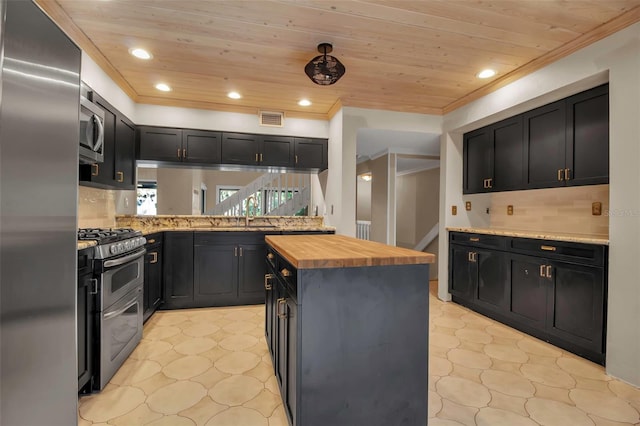 kitchen with backsplash, wooden counters, ornamental molding, wood ceiling, and stainless steel appliances