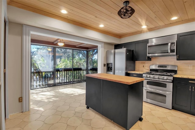 kitchen featuring stainless steel appliances, wood counters, decorative backsplash, a kitchen island, and wood ceiling