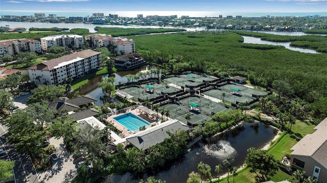 bird's eye view with a water view