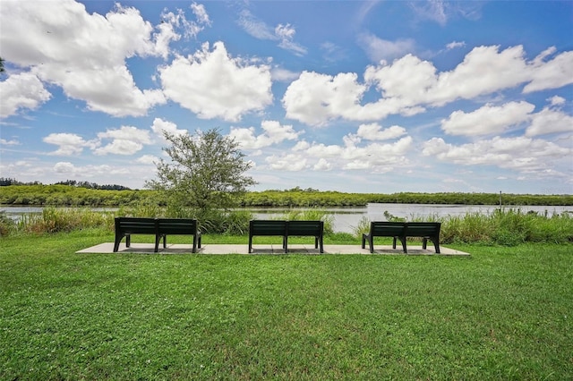 view of community with a lawn and a water view