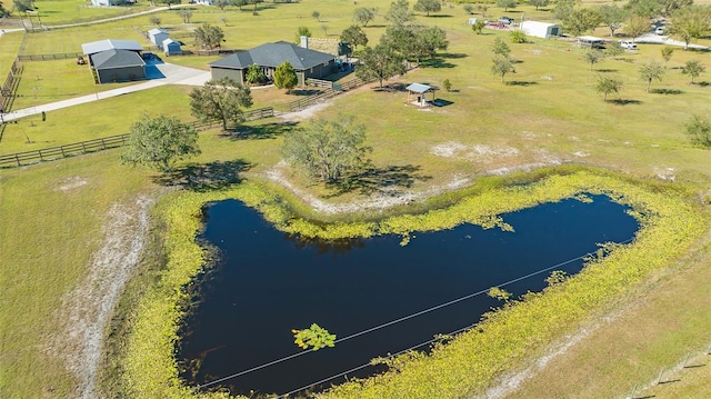 aerial view featuring a water view and a rural view