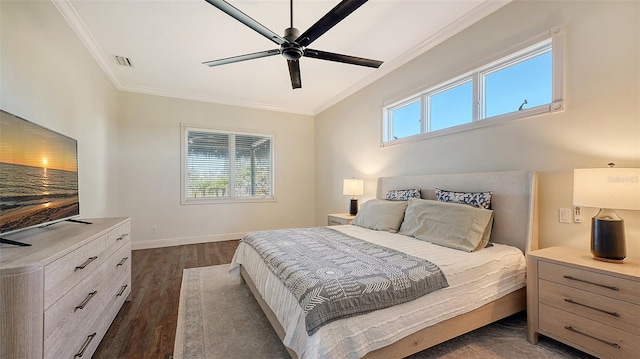 bedroom featuring crown molding, ceiling fan, and dark wood-type flooring