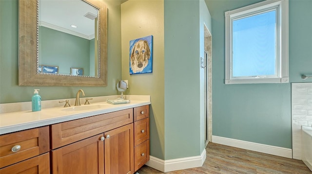 bathroom with walk in shower, wood-type flooring, and vanity