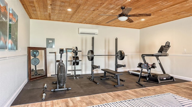 exercise room with ceiling fan, a wall mounted air conditioner, electric panel, and wooden ceiling