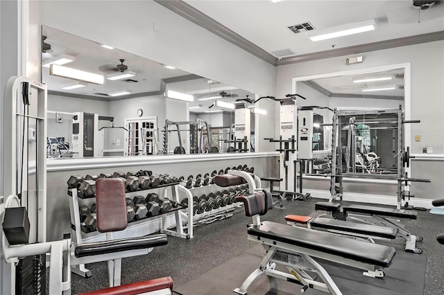 gym with ceiling fan and ornamental molding