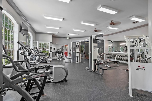 exercise room featuring ceiling fan and ornamental molding