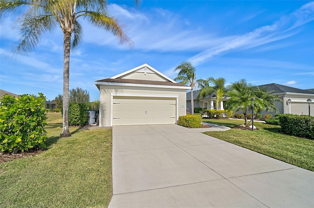 ranch-style house with a front yard and a garage