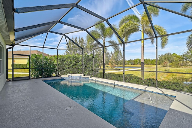 view of swimming pool with a lanai, a patio area, and pool water feature