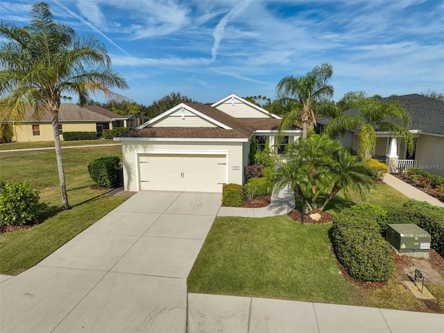 single story home featuring a front lawn and a garage