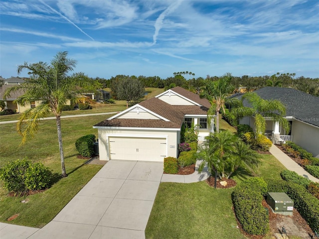 single story home with a front yard and a garage