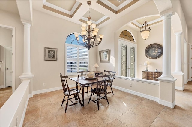 dining area featuring beamed ceiling, ornamental molding, coffered ceiling, and an inviting chandelier