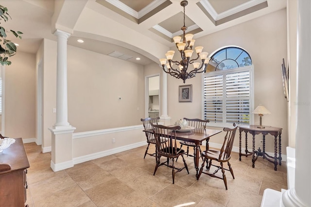 dining area featuring coffered ceiling, beam ceiling, ornamental molding, and a chandelier