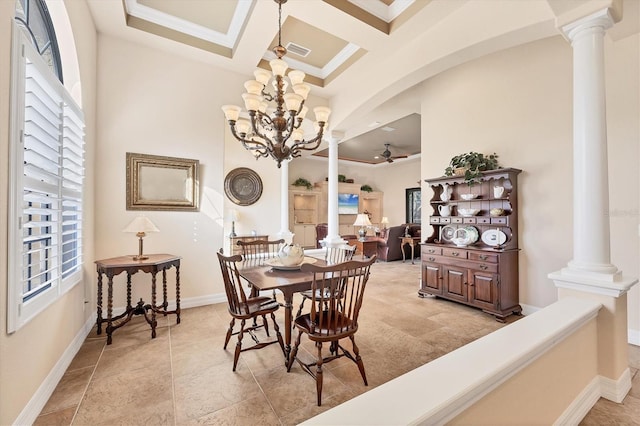 dining area with ceiling fan with notable chandelier, plenty of natural light, crown molding, and coffered ceiling