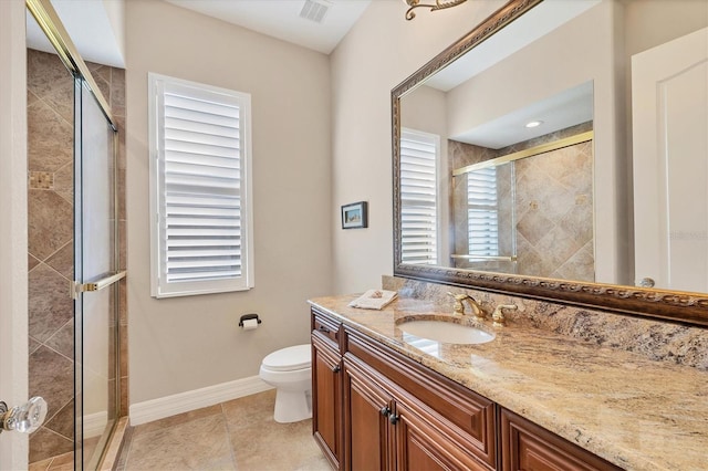 bathroom with tile patterned flooring, vanity, toilet, and a shower with door