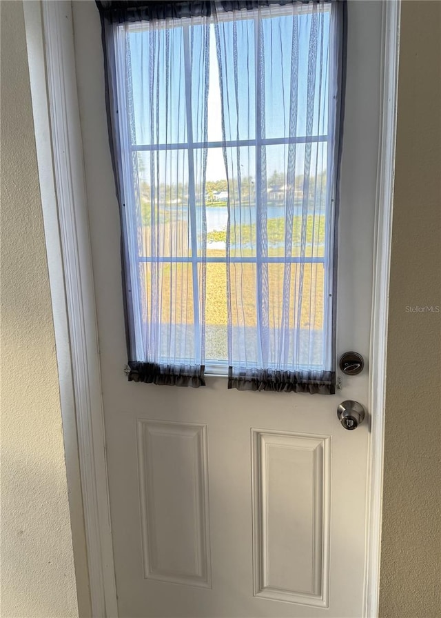 doorway to outside with a water view and a healthy amount of sunlight