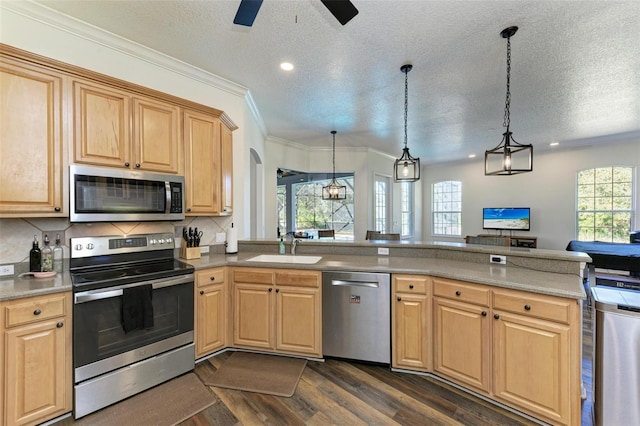 21709 Deer Pointe Xing, Bradenton, FL 34202 - kitchen featuring stainless steel appliances, dark wood-type flooring, ceiling fan, a peninsula, and a textured ceiling