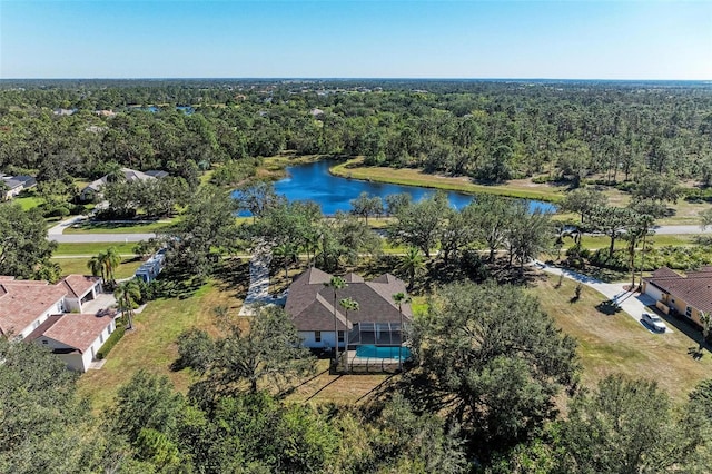 birds eye view of property featuring a water view