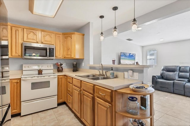 kitchen with pendant lighting, white range with electric stovetop, light tile patterned flooring, and sink