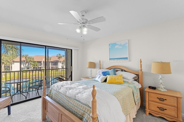 bedroom featuring access to exterior, light carpet, and ceiling fan