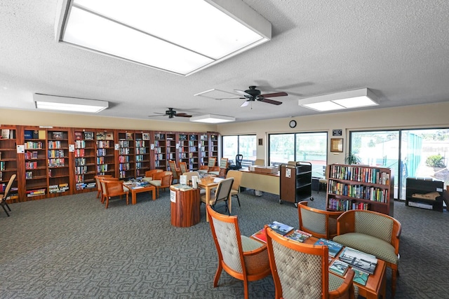 interior space featuring a wealth of natural light, ceiling fan, and a textured ceiling