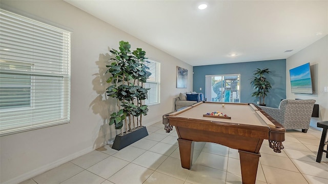 rec room featuring light tile patterned floors and pool table