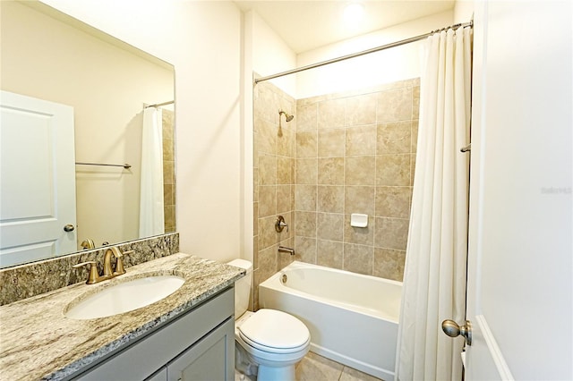 full bathroom with vanity, shower / bath combination with curtain, and toilet