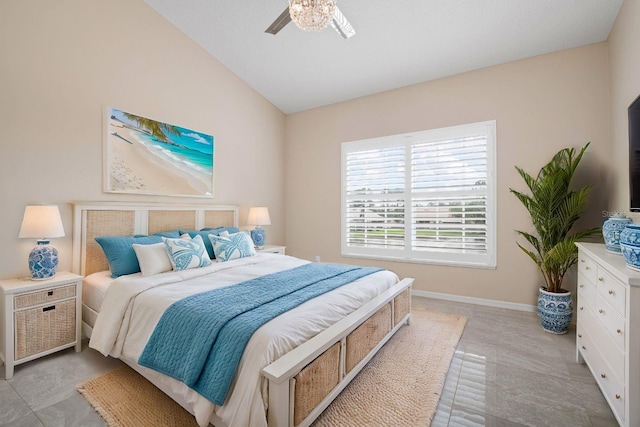 bedroom with ceiling fan and lofted ceiling